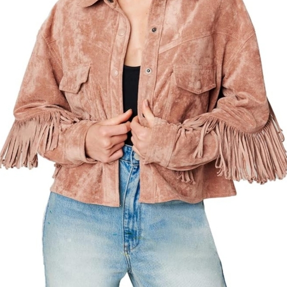 NWT Blank NYC Size M Faux Suede Pink Fringe Jacket Collared Cropped Western - Picture 2 of 10